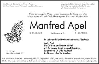 Traueranzeige von Manfred Apel von Pegnitz-Zeitung